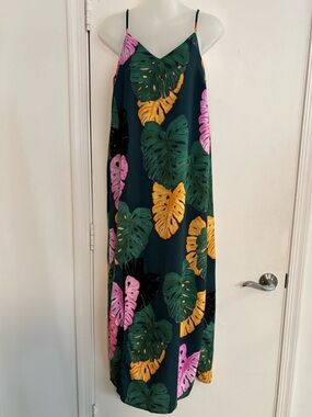 C & e Tropical Slip Dress in Deep Green with Yellow & Pink Leaves